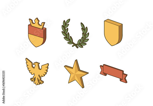 isometric icon items isolated on white background heraldic emblem laurel wreath shield base eagle top banner strip