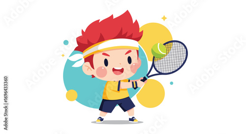 Energetic young athlete playing tennis enthusiastically with a bright smile and red hair band