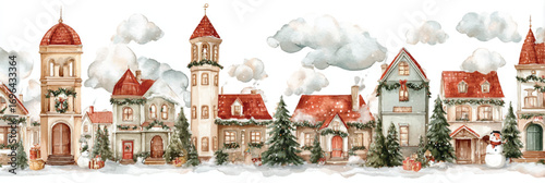 Watercolor Christmas Village Scene with Snow Covered Houses and Decorated Trees Festive Holiday Illustration