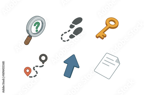 isometric icon items isolated on white background mystery clue trails key icon map line arrow point document page