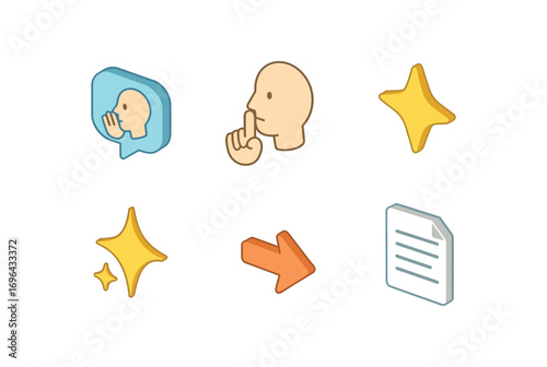 isometric icon items isolated on white background subtle hint whisper icon clue glow small arrow text sheet
