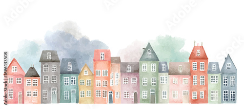 Watercolor houses in a row depicting a cozy European town with pastel colors and artistic charm making it perfect for childrens illustration