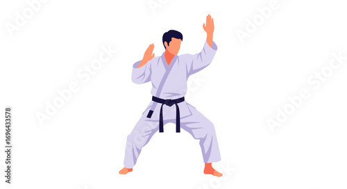 Faceless male karateka in a white gi and black belt practicing a defensive kata stance.