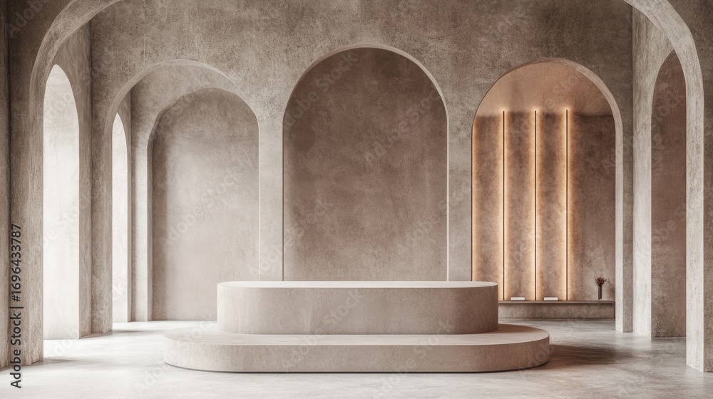 Obraz premium Modern Minimalist Interior with Arched Architecture and Soft Lighting