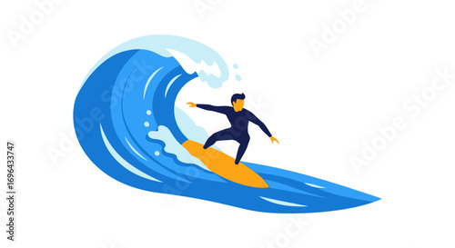 Flat vector illustration of a surfer in a dark wetsuit riding a large, curling blue ocean wave on a yellow surfboard.
