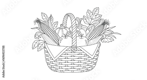 A detailed illustration of fresh herbs and vegetables arranged in a woven basket ideal for culinary inspiration