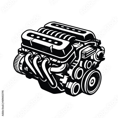 Detailed illustration of a powerful v8 engine in black and white