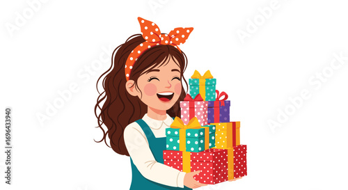 Joyful young girl cheerfully holding a large stack of colorful birthday presents for a special celebration event