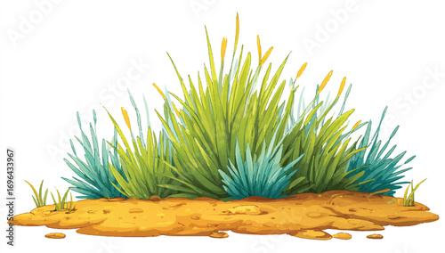 Watercolor illustration of grass and desert plants on a sandy ground beautiful nature depiction