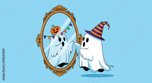 A spooky little ghost checks its halloween costume in a fancy ornate mirror
