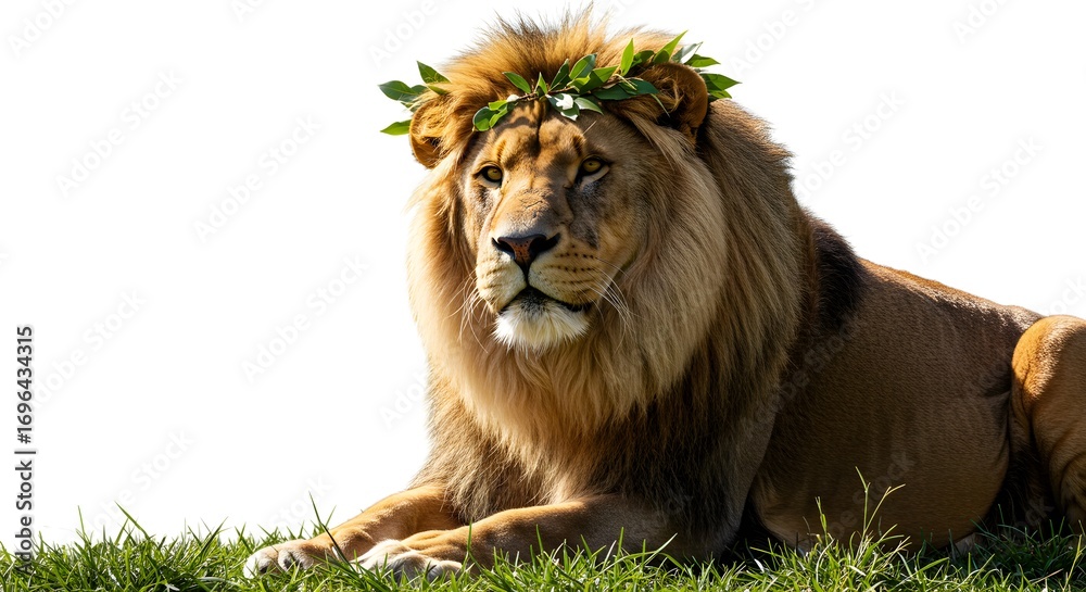 Fototapeta premium Majestic lion wearing a laurel wreath, resting peacefully on green grass.