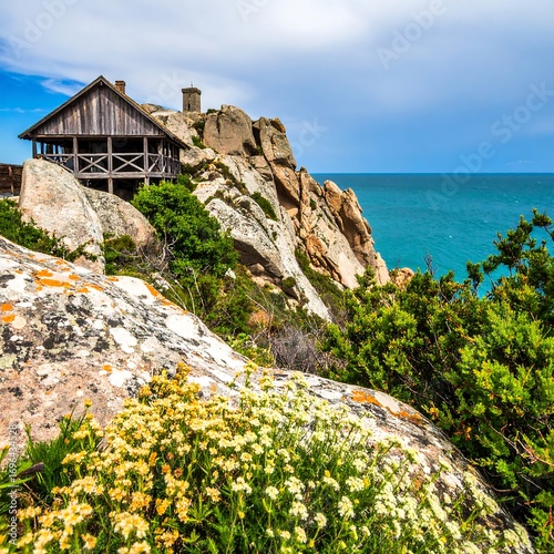 Wooden seaside cabin perched on rocky cliff overlooking turquoise ocean