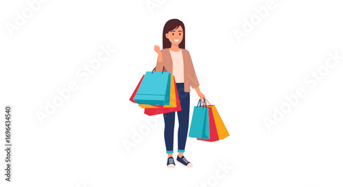 Happy Woman Carrying Colorful Shopping Bags, Smiling, Casual Style