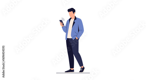 Illustrated man in blue jacket using smartphone with signal waves, hand in pocket, standing pose.
