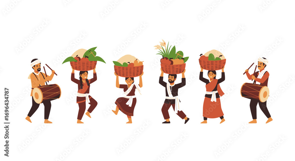 Fototapeta premium Indian People Carrying Baskets of Harvested Goods, Celebrating Together.