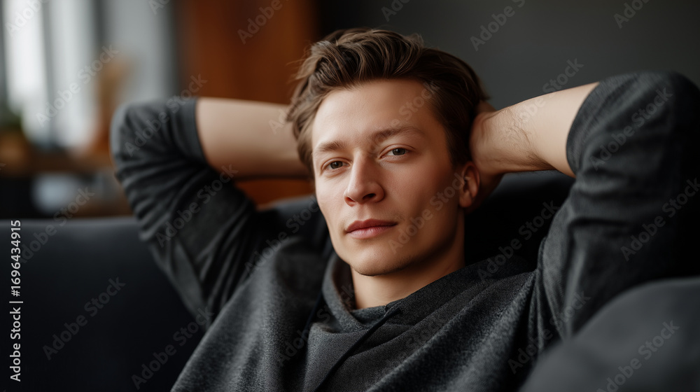 Fototapeta premium Portrait of young adult Caucasian man reclining on dark sofa gazing directly into camera with neutral expression resting arms above head hands interlaced on forehead thoughtful