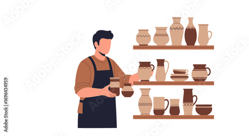 Male potter in a dark apron arranging handmade brown earthenware pottery on shelves.