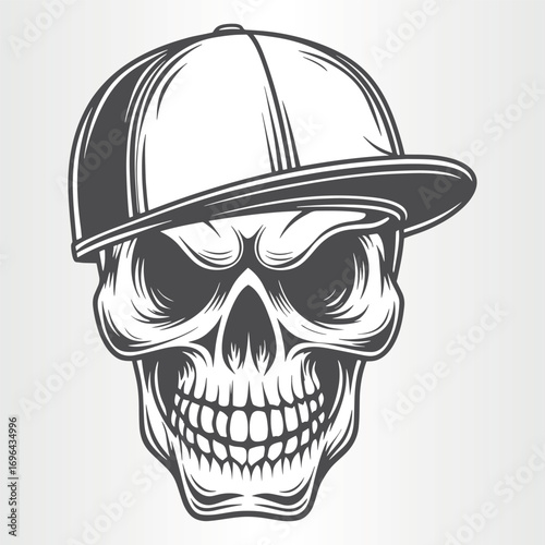 Skull with a baseball cap, front view, isolated on white background