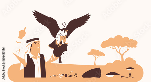 Man in traditional attire with falcon on gloved hand, desert landscape