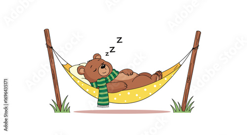 A cute brown bear wearing a green scarf is sleeping peacefully in a yellow hammock hung between two wooden poles on a sunny day