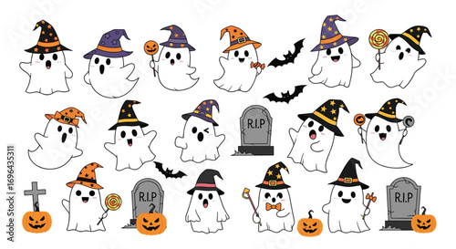 Spooky adorable ghosts celebrate halloween with pumpkins and graves fun digital art