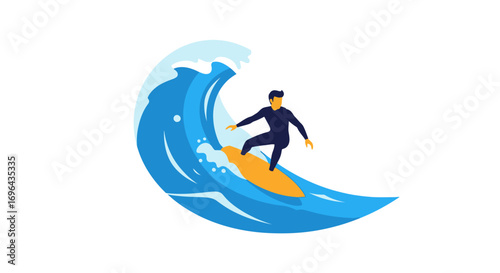 Minimalist flat design illustration of a surfer in a dark wetsuit riding a large, curling blue wave on a yellow surfboard.