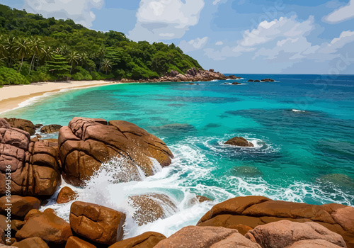 Vector art of tropical beach with turquoise water, palm trees, and waves crashing on rocks