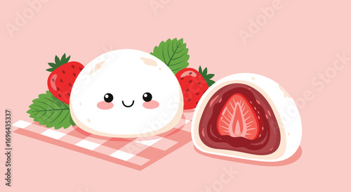 Cute kawaii strawberry mochi delight with fresh berries and green leaves on a pink background with a red gingham napkin