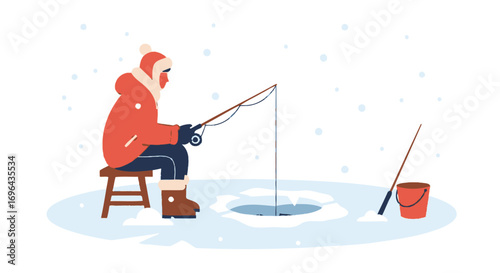 Person Ice Fishing in Winter, Wearing Red Jacket and Boots