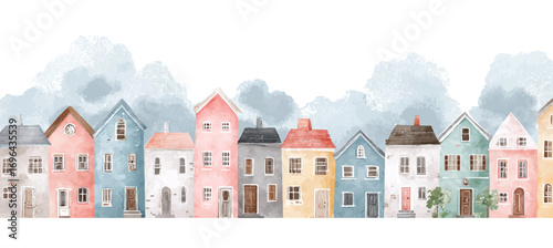 Watercolor row of houses in pastel colors against cloudy sky a charming neighborhood illustration with whimsical style