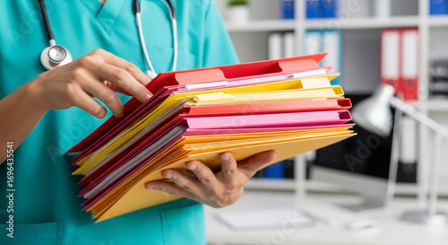 A healthcare professional diligently organizes patient records, ensuring efficient medical administration and data management in a busy clinic environment