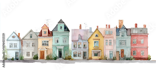 Watercolor Row of Houses with Varied Colors and Architectural Styles in a Charming Neighbourhood Scene