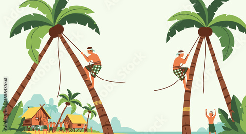 Palm Tree Climbers Harvesting Coconuts in Tropical Village