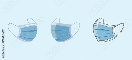A set of three different blue medical masks, essential protective equipment for health and safety during a pandemic.