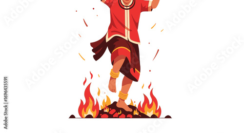 Person Walking Barefoot on Hot Coals, Red Outfit, Firewalker Illustration