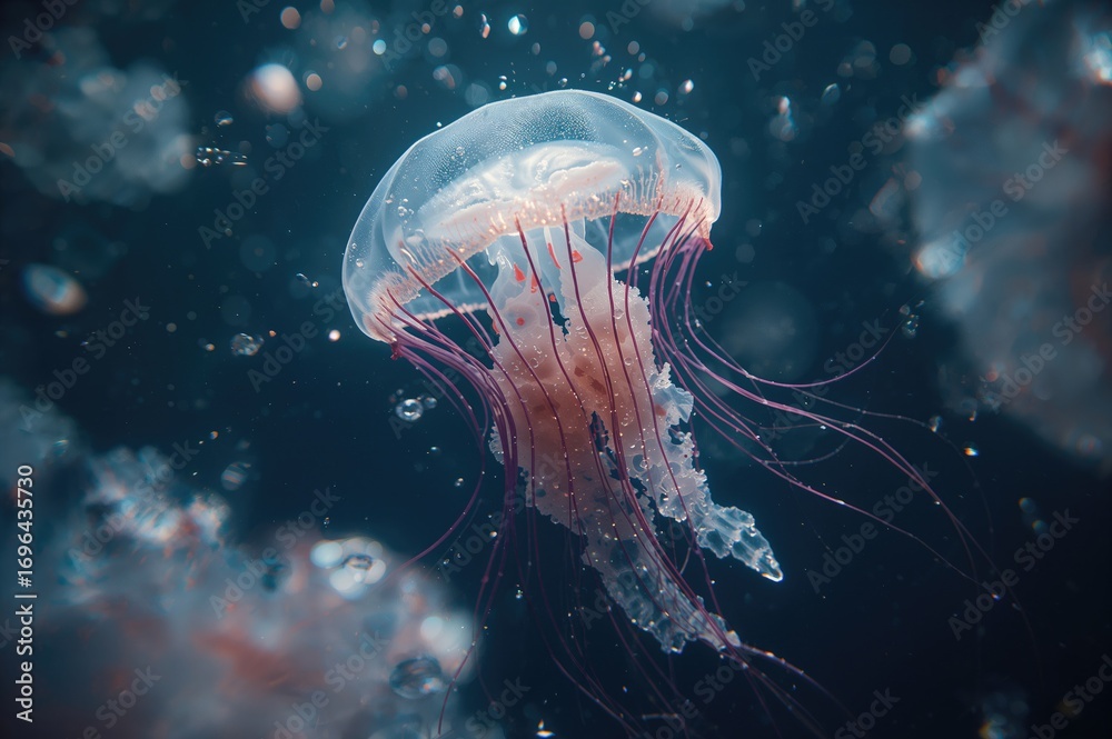 Naklejka premium Deep Sea Crystal Jellyfish with Light Effects and Patterned Background