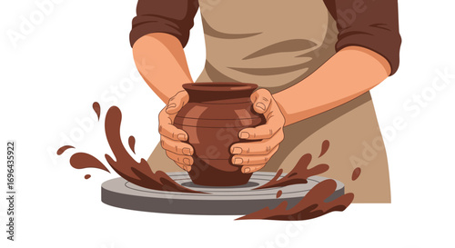 Skilled hands shaping a brown ribbed clay pot on a potter's wheel with splatters
