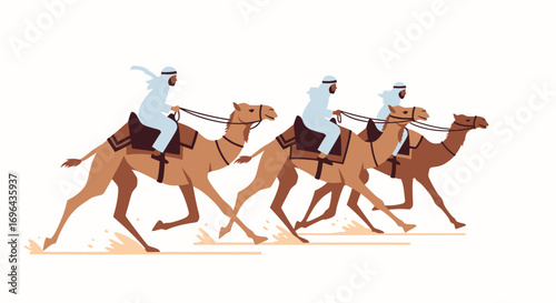 Stylized Illustration of Camels and Riders in Desert Travel