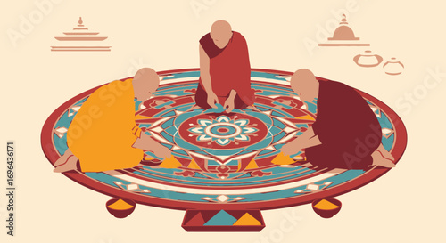 Three Buddhist monks in colorful robes kneeling to create an intricate, spiritual sand mandala.