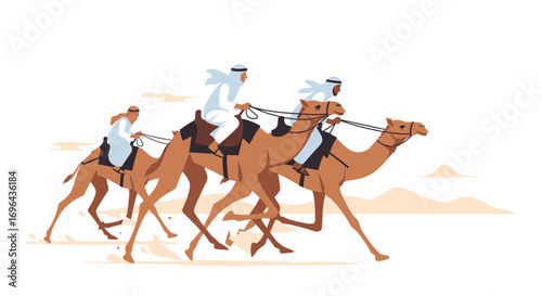 Three Camels and Riders in Full Gallop, Arabian Style