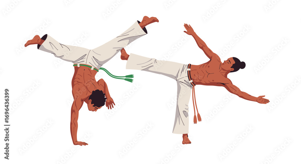 Fototapeta premium Two Men Performing Dynamic Capoeira Moves with Athletic Poses