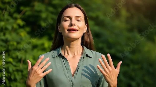 Young Woman Standing Outdoors in Green Nature with Calm Expression and Hands on Heart