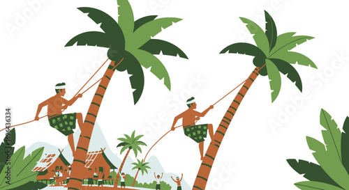 Traditional Coconut Harvesting in a Tropical Setting