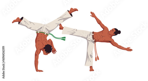 Two Men Performing Dynamic Capoeira Moves with Athletic Poses