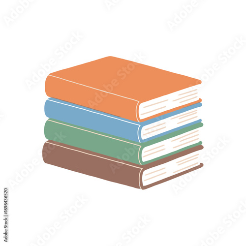 A stack of four colorful books, representing education, learning, literature, and knowledge in a simple, hand-drawn style.