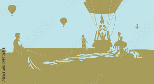 Vintage Hot Air Ballooning Scene with Passengers and Crew Silhouette
