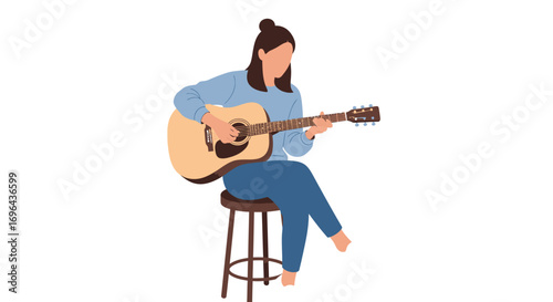 Woman playing acoustic guitar, sitting on stool, flat vector illustration style