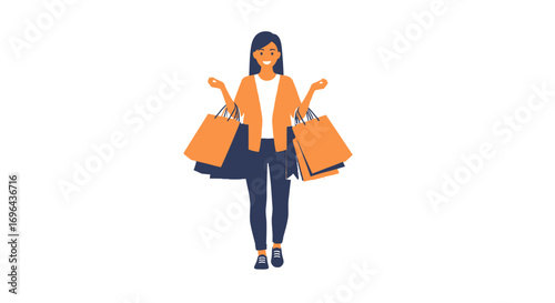 Woman with Shopping Bags, Smiling, Wearing Orange Cardigan and Blue Pants