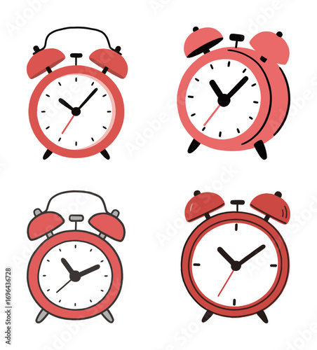A set of four simple and hand-drawn red alarm clocks, perfect for illustrating concepts of time, deadlines, and wake-up calls.