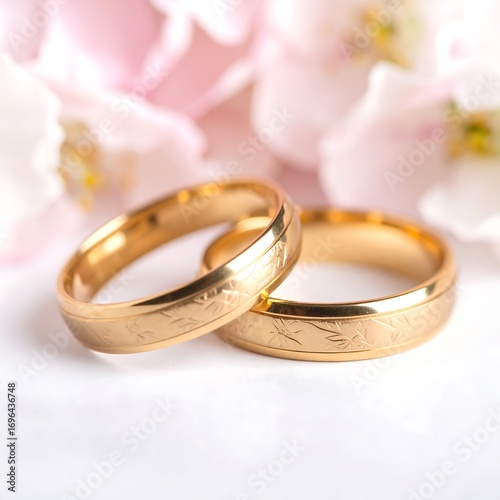 Two gold wedding bands rest on a white surface, surrounded by soft pink blossoms